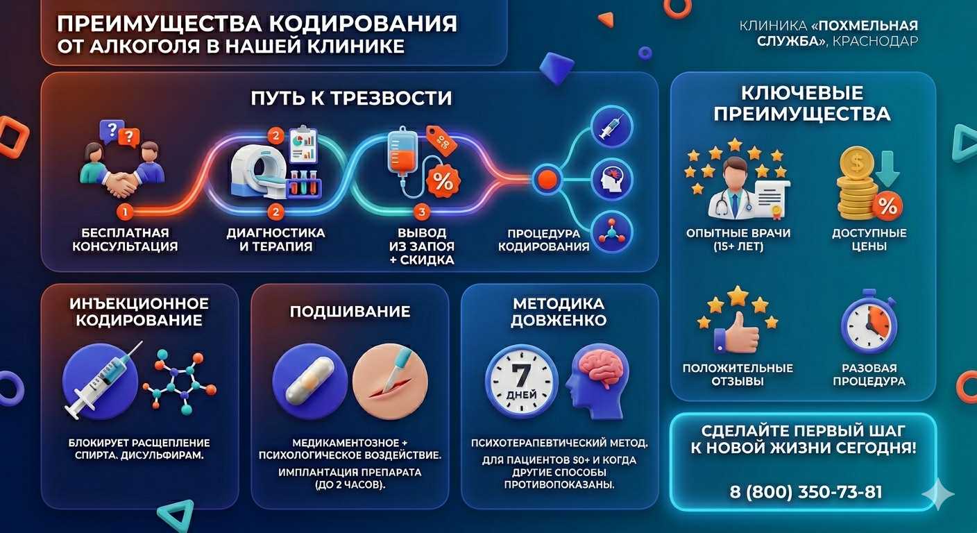 Инфографика о методах кодирования от алкоголя в Ртищево: инъекции, подшивание, метод Довженко. Преимущества клиники и этапы лечения.