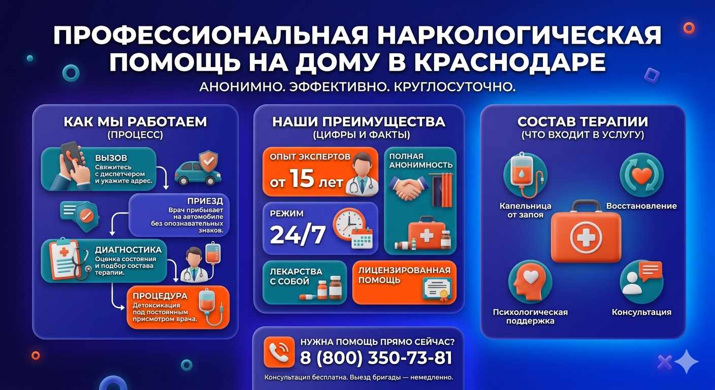 Инфографика о принципах лечения алкоголизма на дому в Ртищево: этапы вызова нарколога, преимущества анонимной детоксикации и состав медицинской помощи.